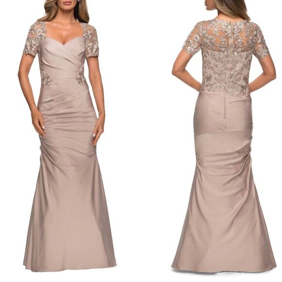 La Femme Dresses & Skirts - La Femme Satin Evening Dress with Lace and Scoop Neckline Size 8